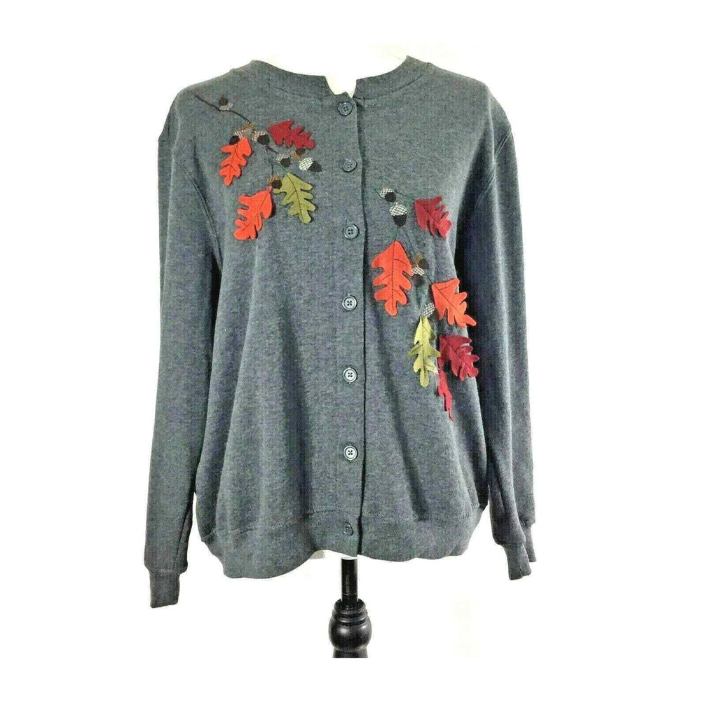 Rebecca Malone Jacket Womens Large Petite Gray Button Up Autumn Fall‎ Leaves